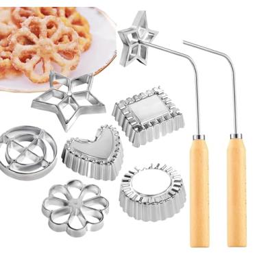 Imagem de 8PCS Rosette Timbale Set,Aluminio Waffle Molds Rosette Iron Set com Wooden Handle,Homemade Lotus Flower Bunuelos Cookie Mold,Ferramenta de cozinha de cozinha separada de Rosette Maker