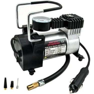 Imagem de Compressor Veicular De Ar Mini Elétrico Portátil Prata 12V Com Manômetro Encher Pneu Bicicleta, Carro, Caminhão, Onibus, Vans Alta Pressão Com 3 Bicos Para Inflar PREMIUM