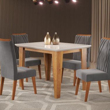 Imagem de Mesa de Jantar Retangular Divine com Vidro 1,20x90 e 4 Cadeiras Vegas em Madeira Maciça Mel/off White/Grafite