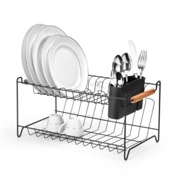 Imagem de Escorredor Louças Pratos Duplo Pia Alça Bambu Metal Preto - Arthi, Pre