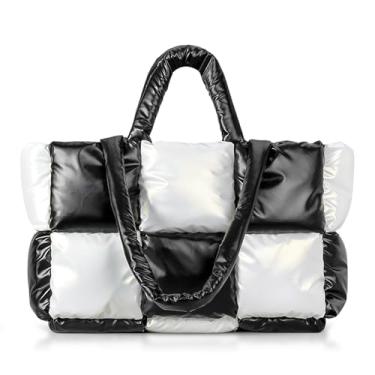 Imagem de QTKJ Sacola acolchoada de treliça, bolsas transversais para mulheres, bolsa acolchoada macia e leve com compartimentos, bolsa grande acolchoada adequada para viagens, academia, trabalho, Preto, One