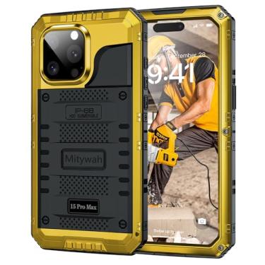 Imagem de Mitywah Capa à prova d'água para iPhone 15 Pro Max, capa resistente à prova de choque com protetor de tela integrado, capa de metal protetora subaquática de corpo inteiro de 6,7 polegadas, amarela