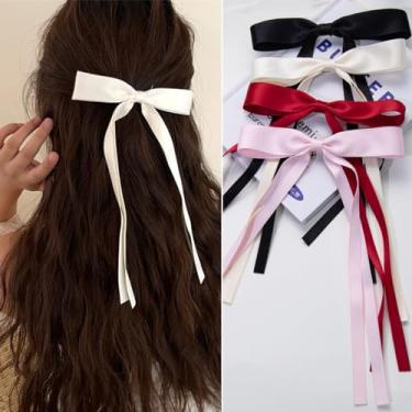Imagem de 4 peças de grampos de cabelo com laço com cauda longa - presilhas de fita e clipes de laço para mulheres em preto, branco creme, rosa, vermelho vinho