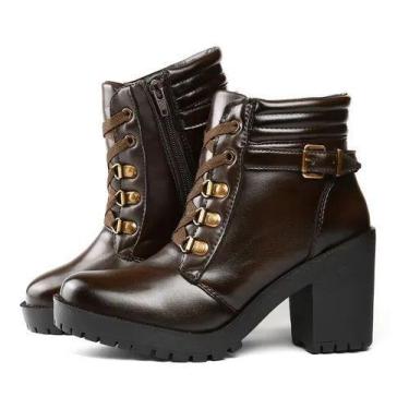 Imagem de Bota Feminina Tratorada Cano Curto Marron Salto Medio Alto - sapatoway