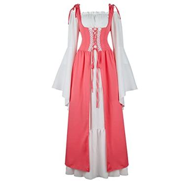 Imagem de Zhitunemi Fantasias Renascentista para Mulheres Vestido Gótico de Fada Chemise Vestido Camponês Fantasia Medieval, rosa, 3X-Large
