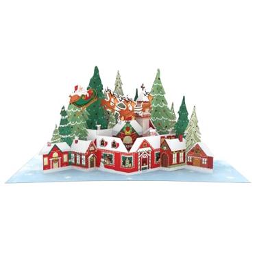 Imagem de ASVP Shop Cartão de Natal 3D - Pop Up Snowy Village com Papai Noel voando em seu trenó - Perfeito para saudações de férias