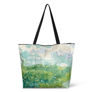 Imagem de Jolamirel Sacola de trabalho grande à prova d'água para amantes da arte, bolsa feminina de arte Van Gogh, bolsas de viagem, Green Wheat Fields Auvers, One Size