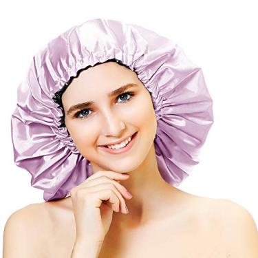 Imagem de Boné de cetim premium Greatremy para cabelo natural infantil, boné de dormir elástico macio com cordão ajustável para bebês/bebês/crianças e crianças confortáveis para dormir (reversível), Purple/Black, XL