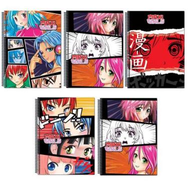 Imagem de Kit 5 Cadernos Anime Tamanho Grande Arame Espiral Com Pauta Capa Dura 