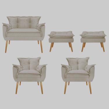 Imagem de Kit 01 Namoradeira + 02 Poltronas e 02 Puff Opala Suede Bege Com fibra Siliconada - lm decor