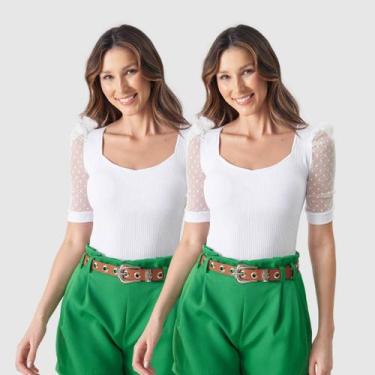 Imagem de Kit 2 Body Canelado Manga Curta Bufante Tule Poa Verão Top - Swisz, Br