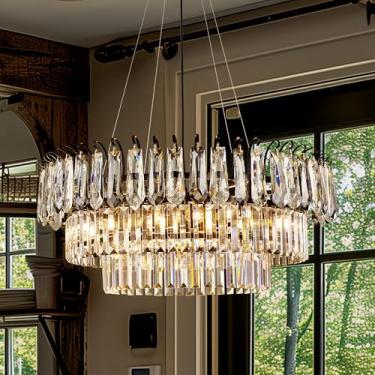 Imagem de Wellmet Lustre De Cristal Preto Para Sala De Jantar, Lustre Redondo Grande E Moderno De Fazenda Com 3 Níveis, Luminária Pendente De 8 Luzes Para Sala De Estar, Quarto, Cozinha, Hall De Entrada, Hal