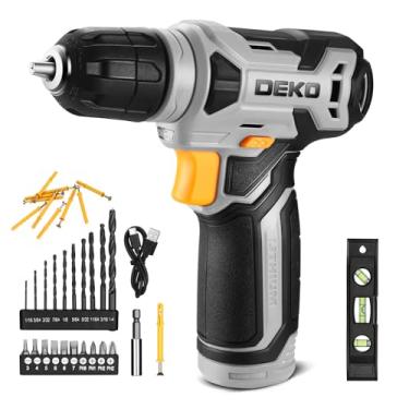 Imagem de DEKOPRO Furadeira sem fio de 8 V, conjunto de brocas com mandril sem chave de 3/20.3 cm, 42 acessórios, LED integrado, cabo de carregamento tipo C, furadeira elétrica cinza para perfuração e parafusos