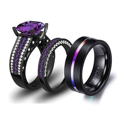 Imagem de Conjunto de alianças de casamento de carboneto de tungstênio masculino com 3 peças, dois anéis para ele e para ela, conjunto de alianças de casamento de ouro preto folheadas a ouro preto Cz Roxa