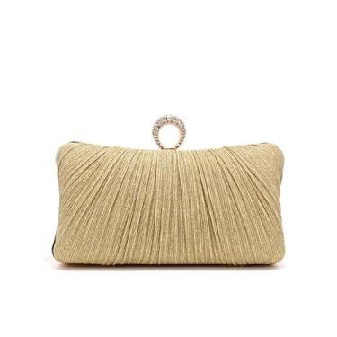 Imagem de Bolsa clutch feminina dourada com purpurina, plissada, para festa de casamento nupcial com anel de strass, Dourado, Small