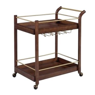 Imagem de Carrinho de Armazenamento Carrinho de bar vintage de madeira, carrinho de servir com suporte para vinho, carrinho de cozinha sobre rodas, estrutura de madeira e metal, 2 camadas, marrom Carrinho de Ar