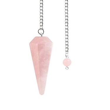 Imagem de General Gemstone Pêndulo de pedra preciosa de cristal de quartzo rosa natural - Cor rosa - Ponta hexagonal, radiestação, adivinhação, Reiki carregado, cura de chakras