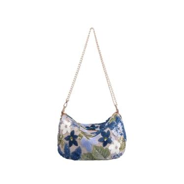 Imagem de QWINEE Bolsa feminina de lantejoulas com bordado floral para noite elegante mini bolsa transversal bolsa de festa de casamento, Azul claro, One Size