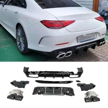 Imagem de Lábio de para-choque para carro Garganta Traseira Compatível com CLS C257 2018+ Divisor Traseiro Difusor Spoiler Body Kit Acessórios para Carro (Lip Gloss Black+Tail Throat Prata)