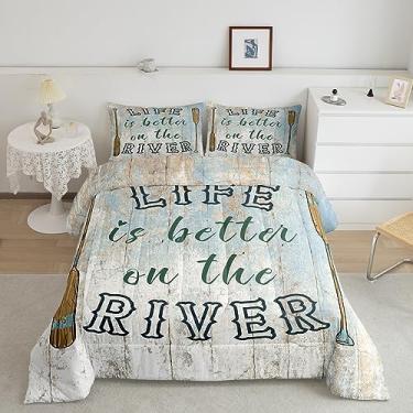 Imagem de Jogo de cama king size com tema de rio, decoração de lago para todas as estações, edredom de madeira vintage para adolescentes, conjunto de colcha para decoração de barco, coleção de quarto, 3 peças
