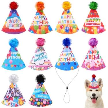 Imagem de JpGdn JpGdn10 peças/pacote de chapéus de cone de festa de feliz aniversário de feltro com pompons para animais de pelúcia, pequenos, médios, bonecas, animais de pelúcia, adultos, ajustável, vermelho