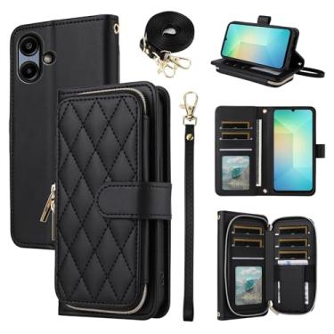 Imagem de Furiet Argyle Capa carteira para Samsung Galaxy A06 5G com alça de pulso/ombro, mais de 9 compartimentos para cartões, bolsa com zíper, capa de celular quadriculada de couro PU para Ao6 A 06 4G LTE