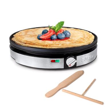 Imagem de Gourmia Crepe Maker de 12 polegadas, ferro elétrico antiaderente para panquecas, tortilhas e muito mais, controlo preciso de temperatura com luzes indicadoras, inclui espátula e espalhador de massa