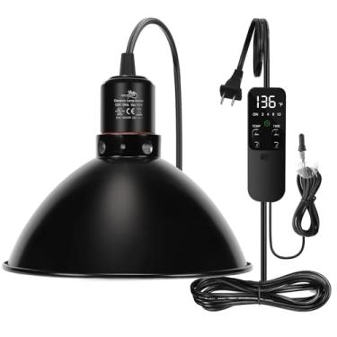 Imagem de MECESOR Luminária de réptil com temporizador termostático, tampa de lâmpada de cúpula profunda de 21,5 cm, luminária de calor para répteis com interruptores separados, luminária de terrários para