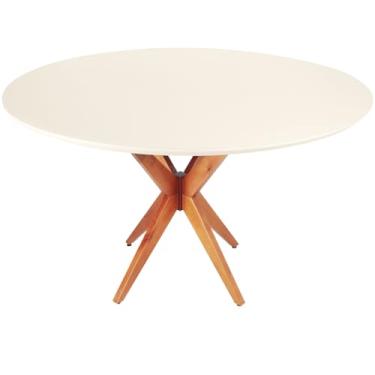 Imagem de Mesa de Jantar Redonda Laqueada Tampo com Vidro Temperado Base Estrela em Madeira Maciça Mel (110 CM)