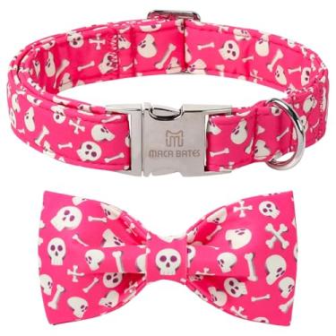 Imagem de Coleira de cachorro com caveira de Halloween Maca Bates com gravata borboleta chique para meninos grandes, coleiras de filhote de cachorro com estampa de osso rosa com gravata borboleta ajustável para
