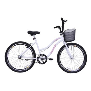 Imagem de Bicicleta Feminina 26 Beach Retrô Branca Monomarcha com Aros duplos, Pneus Slik, Paralamas e Cesta Rosa- Dalannio Bike