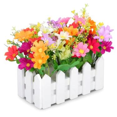 Imagem de Lovmeety Flores artificiais em vaso de cerca, plantas artificiais em vasos de cores mistas, margaridas falsas em vaso de cerca, arranjos de flores de seda para escritório, casamento, decoração de casa
