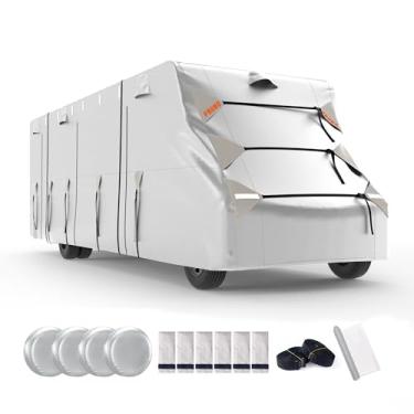 Imagem de FRUNO Capa Oxford Cloth Class C RV cabe 60 cm à prova d'água resistente a rasgos anti-UV Motorhome capa de trailer para neve de inverno com capa de macaco 4 capas de pneu e capas de calha