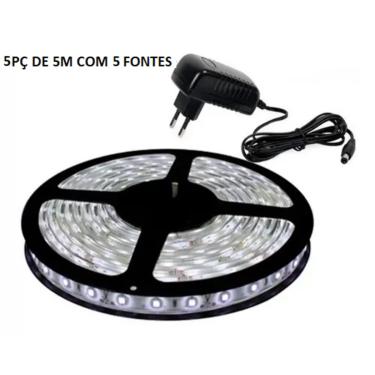 Imagem de Kit 5 Fita Led 5050 Branco frio 3000k 5m Bivolt Com Fonte