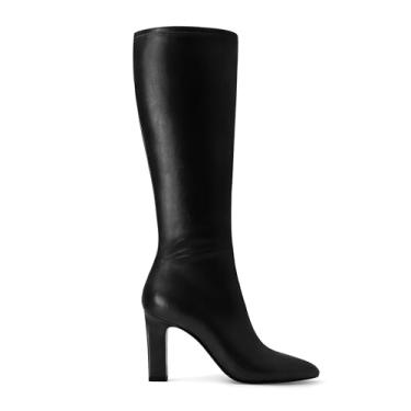 Imagem de DOEYG Botas de cano alto pretas femininas de couro, elegantes, casuais, confortáveis, modernas, bico fino, salto grosso, com zíper lateral, Preto, 39