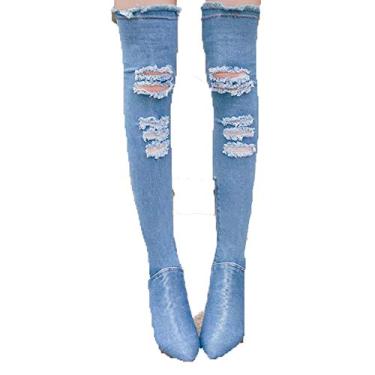 Imagem de Bigfanshu Botas femininas 2020 mais recentes vazadas e pontiagudas, acima do joelho, jeans com cadarço, gladiador, botas jeans de salto alto e longo, Azul, 4