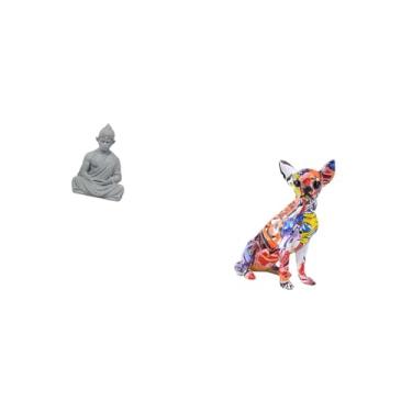 Imagem de Fenteer Escultura de Macaco Buda Sun Wukong E Estatueta Colorida de Cachorro Chihuahua, Ornamento Animal Realista em Miniatura Colecionável para Pátio de Hote