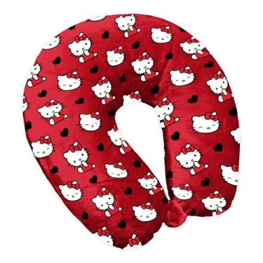 Imagem de Northwest Almofada de pescoço para viagem Hello Kitty da Sanrio, almofada de pelúcia em forma de U para avião, viagem, carro, 30 x 33 cm, Corações fofos, 12x13 inches