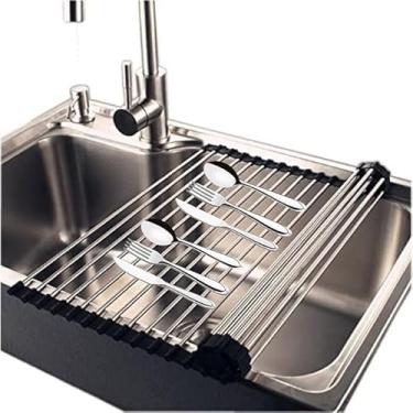 Imagem de Escorredor de Pia Multifuncional Flexível Inox Silicone Louça Descanso Dobrável Multifuncional para Pia Esteira Suporte de Cozinha