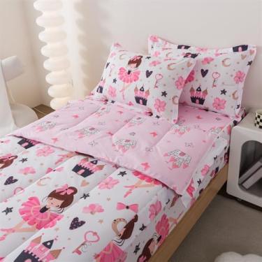 Imagem de lishjekee Jogo de cama infantil solteiro com zíper e estampa de castelo, para meninas, 4 peças, 4 peças, lençol com elástico, 2 fronhas, decoração de casa para todas as estações