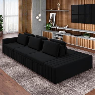 Imagem de Sofá Ilha com Encosto e Almofadas Móveis Olimpo 365cm Modulado Veludo Preto G45 - Gran Belo