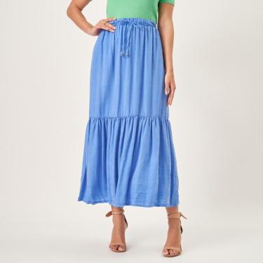 Imagem de Saia Longa Jeans Color Leve Elástico Cintura Babado Azul Surf-Feminino