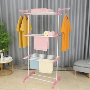 Imagem de Varal De Chão 3 Andares Para Roupas e Calcinhas 4 Rodas Dobrável Reforçado e Portátil(Rosa)