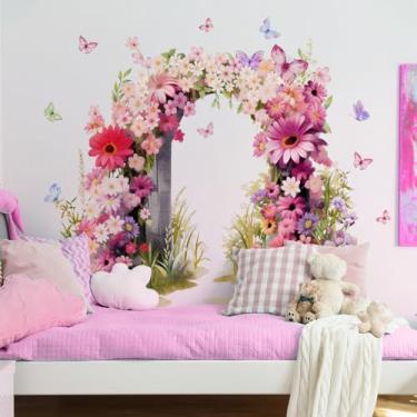 Imagem de Decalque de flor 3D, adesivo de janela de flores coloridas com moldura florida para sala de estar, adesivo de janela aderente estática para porta de vidro, vista de janela francesa sem resíduo