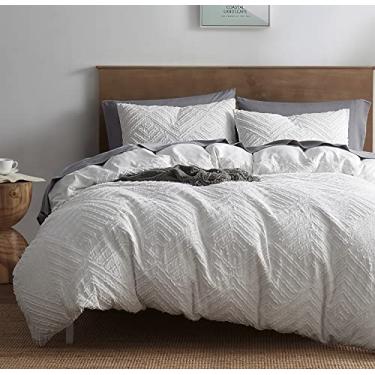 Imagem de Nestl Boho Bedding Conjunto de capa de edredom duplo tufado com enchimento de edredom alternativo acolchoado – estampa branca joia – Conjunto de 3 peças texturizado inclui capa de edredom com