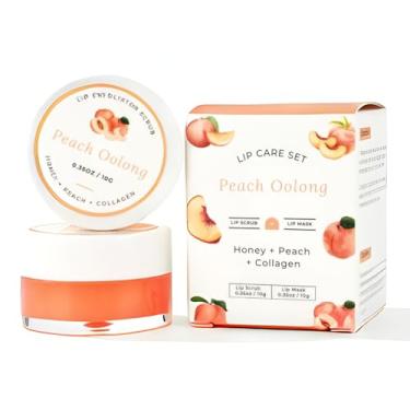 Imagem de Conjunto de máscara labial e esfoliante (pêssego + mel + colágeno), hidratante noturno para cuidados com lábios rachados e secos, kit hidratante e esfoliante de açúcar, presente para mulheres