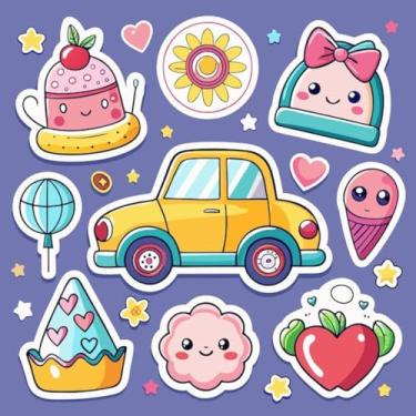 Imagem de Adesivos Decorativos Kawaii Para Crianças - Tema Carros Flores Sorvetes e Maçãs para Quarto e Cadernos 30x30cm