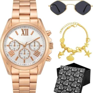 Imagem de Relogio Aco Banhado Feminino Rose + Pulseira Oculos Inoxidavel Moda Qualidade Premium Losango Preto