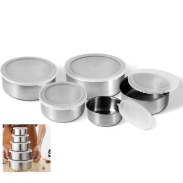 Imagem de Jogo 5 Potes Inox com Tampa Conjunto Vasilha Marmita Refeiçao Alimento Fruta Armazenamento Empilhavel Organizaçao