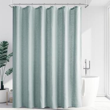 Imagem de Jowels Cortina de chuveiro de linho azul, conjunto de cortina de chuveiro Boho Farmhouse para banheiro, 200 g/m² cortinas de chuveiro texturizadas de tecido resistente à água com 12 ganchos de metal